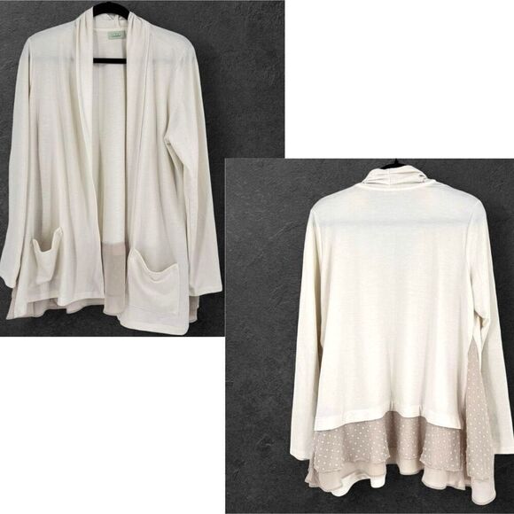 Logo Lounge Cardigan Jersey Knit Cream Chiffon Layer Medium Pockets Tan & white - Picture 1 of 15